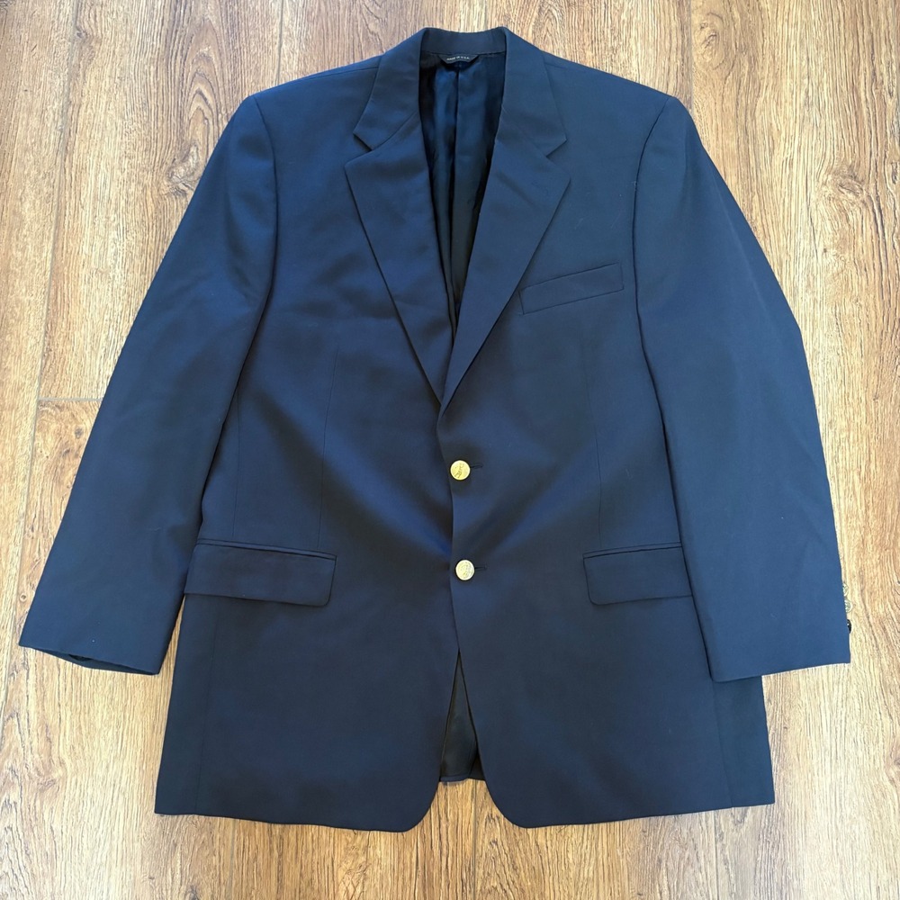 Bobby Jones Mens 43R Navy Blue 100% Wool Blazer Golf Gold Buttons USA union made